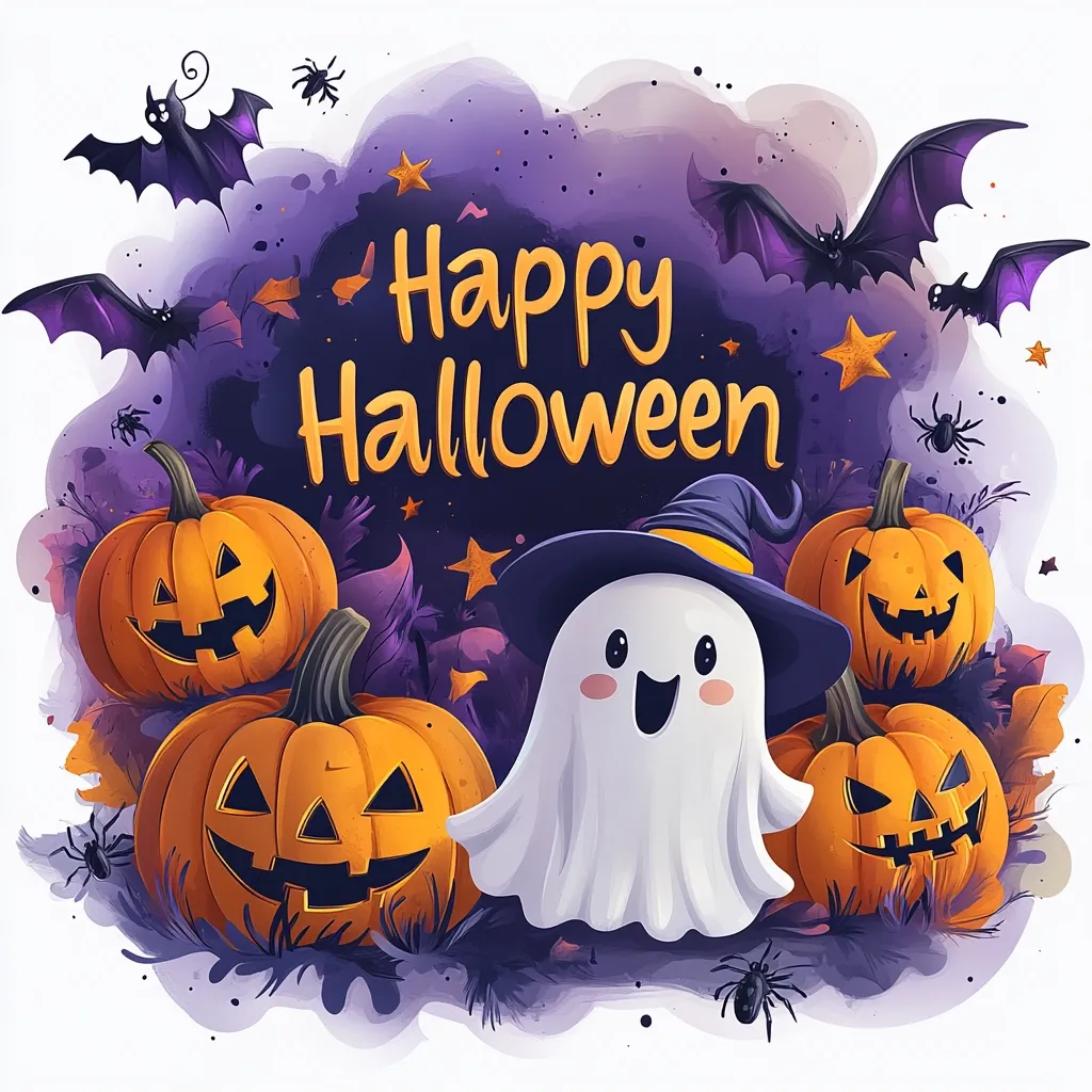 A friendly ghost with a witch hat smiles amidst a cluster of jack-o'-lanterns.  Bats and spiders flit around a purple watercolor background.  The words "Happy Halloween" are displayed in yellow script. The image evokes a playful and celebratory mood for the spooky holiday.