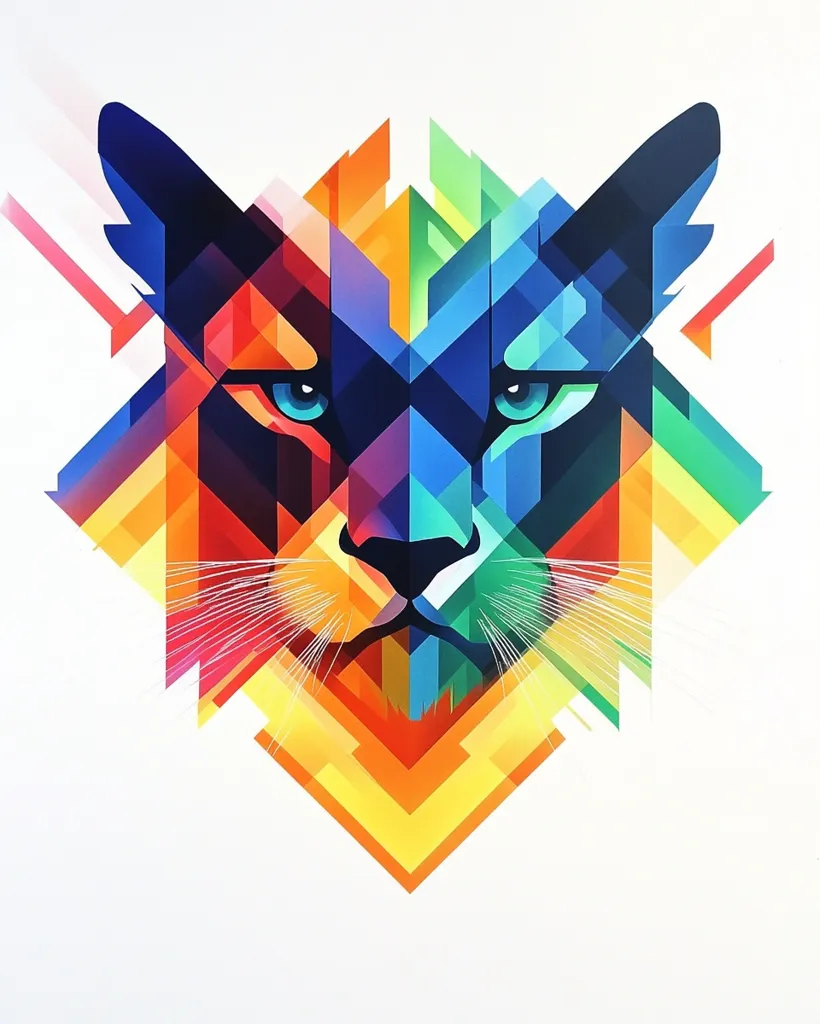 The image is a vibrant and colorful abstract representation of a cat's face. It is composed of geometric shapes in various colors like red, blue, green, yellow, and orange. The cat's face is depicted with a sharp, angular style, highlighting its features like the eyes, nose, and whiskers. The colors are bold and contrasting, creating a dynamic and energetic feel. The background is a simple white, making the colorful cat the focal point. The overall image is modern and abstract, evoking a sense of energy and boldness.