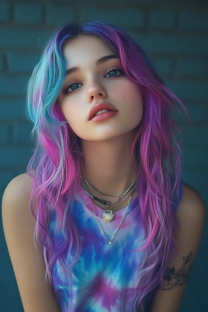 A young woman with long, wavy, blue and pink hair looks directly at the camera. She wears a tie-dye tank top and multiple silver necklaces. The background is a blurry, out-of-focus brick wall. The image is bright and well-lit. The woman's expression is neutral.  Her lips are slightly parted. The image is close-up and focuses on her face and shoulders. The image has a soft, dreamy quality.