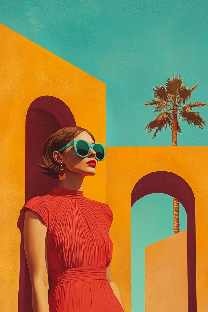 A woman wearing a red dress and large turquoise sunglasses stands against a yellow and teal architectural background. She looks to the right, her expression serene. The scene has an abstract, almost geometric feel, with strong lines and contrasting colors. A palm tree peeks out in the background, adding a touch of naturalness. The overall impression is one of effortless style and summery sophistication.