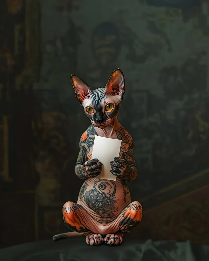 A Sphynx cat with intricate tattoos all over its body is sitting on a dark surface. It is holding a blank white card in its paws. The cat has bright yellow eyes and a serious expression. The background is blurry, with a dark green and brown wall. The cat looks directly at the viewer.  The image is a unique and creative portrait of a pet.  The tattoos are very detailed and realistic, adding a touch of whimsy and artistry to the scene.