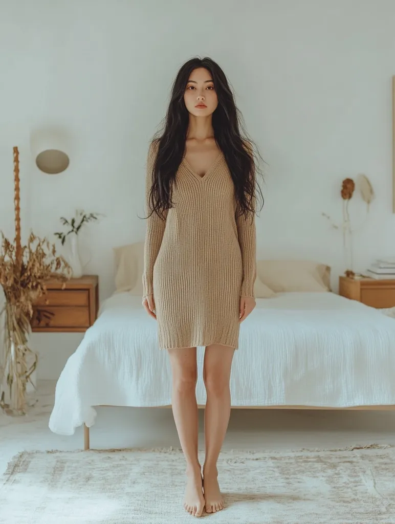 A young woman with long dark hair stands in front of a bed, looking directly at the camera. She wears a tan, ribbed knit sweater dress and is barefoot. The room is simply decorated with white walls and a beige rug. The woman’s expression is neutral and her gaze is steady. The overall mood of the image is calm and serene.