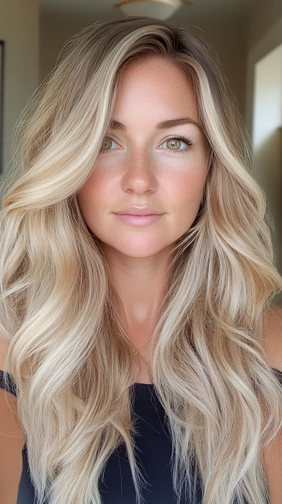 The image features a young woman with long, flowing blonde hair that cascades down her shoulders and back.  She's wearing a black top, and the image is shot from the chest up, focusing on her face and hair. The soft lighting creates a natural glow, highlighting her clear complexion and sparkling green eyes.  Her hair is styled in loose waves, adding a touch of casual elegance to the overall look.