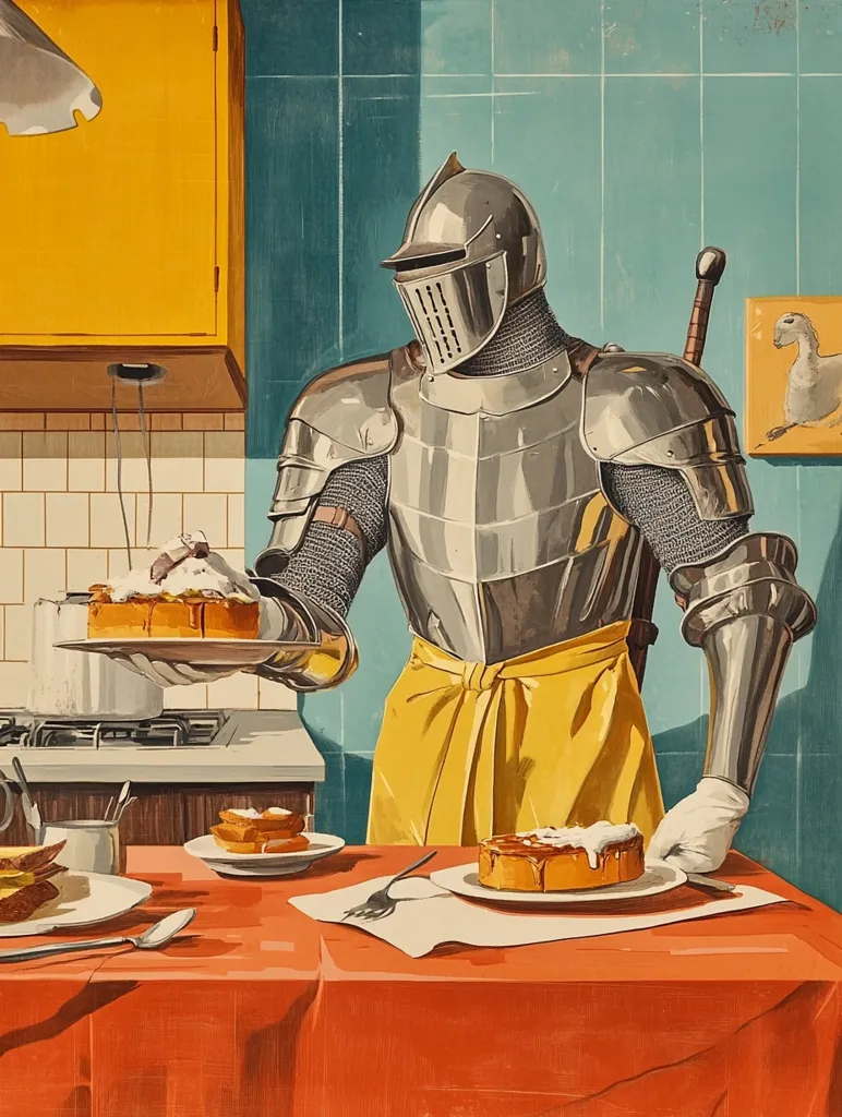 A knight in full armor, wearing a yellow apron, stands in a kitchen setting. He is holding a plate of pancakes, ready to serve. The kitchen has a tiled backsplash and a yellow cabinet. A red tablecloth covers a table, with a plate of pancakes already placed on it. The image is a humorous contrast between the medieval and modern.