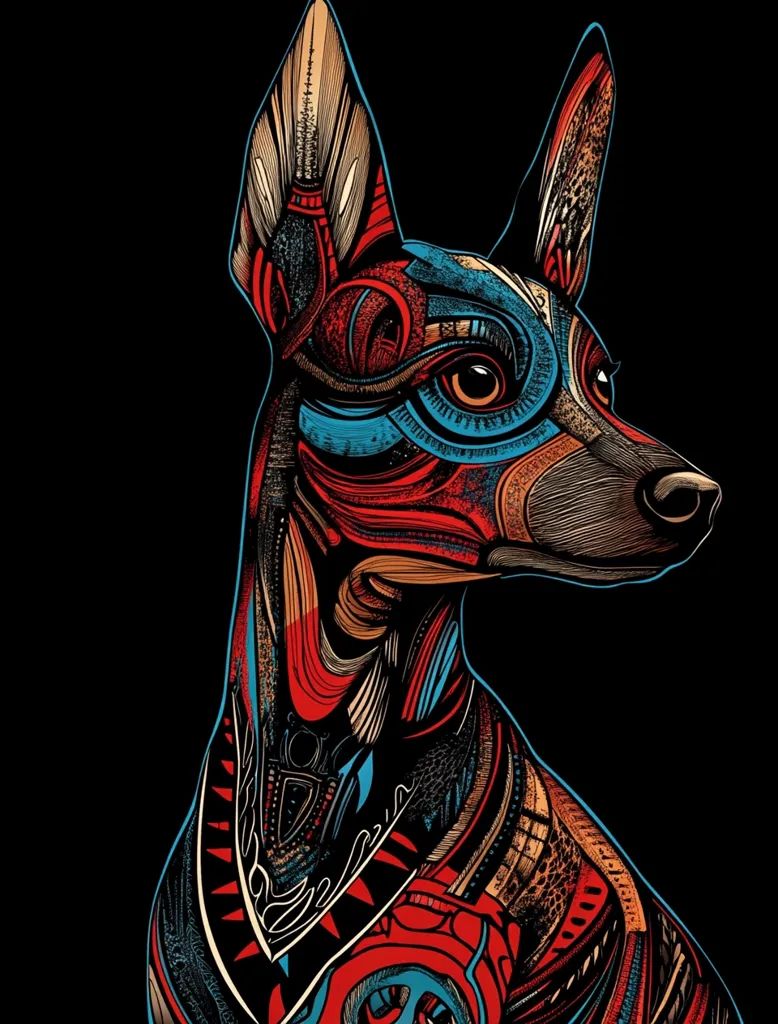 The image is a stylized illustration of a dog's head and neck, rendered in a vibrant and intricate design. The dog's fur is depicted as a complex pattern of geometric shapes, lines, and swirls in shades of red, blue, gold, and black, creating a sense of movement and energy. The background is a stark black, emphasizing the intricate details of the dog's portrait.  The dog's gaze is forward, but its expression is unreadable, adding to the mysterious and intriguing nature of the image.