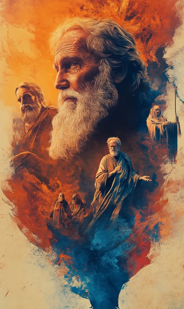 The image depicts four men, all with long beards and wearing robes, against a backdrop of vibrant orange and blue watercolor. One man, with a long, white beard, dominates the foreground, his gaze directed forward. A second man stands behind him, and two more appear in the lower part of the image, partially obscured by a swirling blue and orange mist. The composition creates a sense of mystery and depth, hinting at a narrative of spiritual significance.