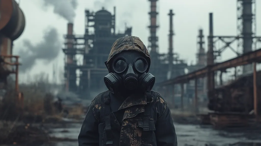 A person wearing a gas mask and a camouflage jacket stands in front of a blurred background of an industrial complex with smoke billowing in the air. The scene evokes a sense of danger and post-apocalyptic dystopia. The dark and gritty atmosphere creates a feeling of unease and uncertainty.