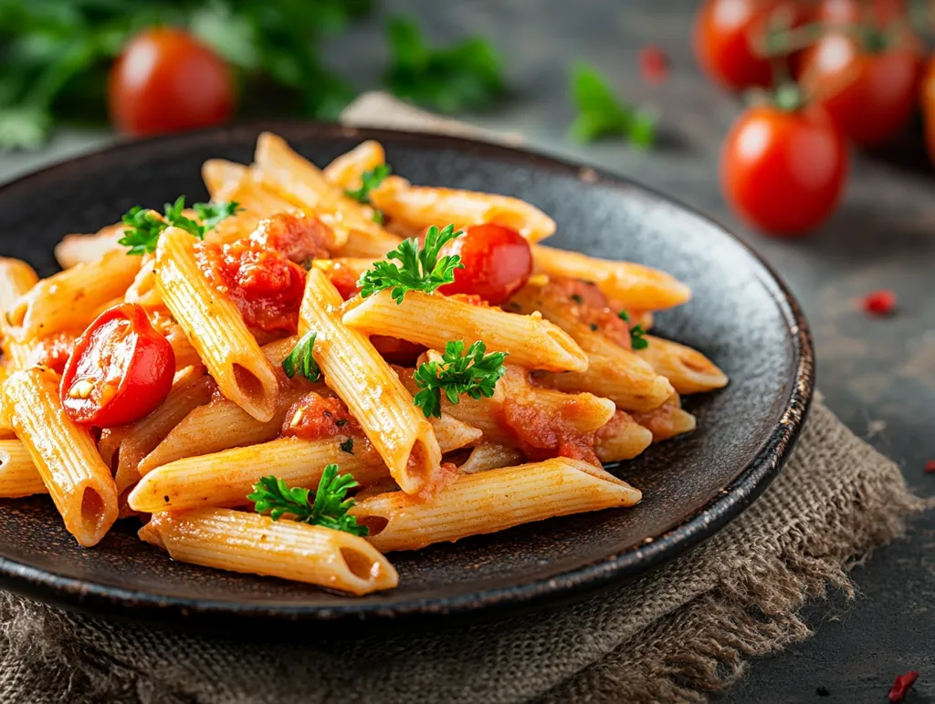 A plate of penne pasta with tomato sauce and fresh parsley is on a brown burlap napkin. The pasta is piled high and the sauce is bright red. There are a few cherry tomatoes scattered around the plate. The image is a close-up shot, and the focus is on the pasta.  The food looks delicious and inviting.  The lighting is bright and the colors are vibrant. The image is taken from a slightly high angle.