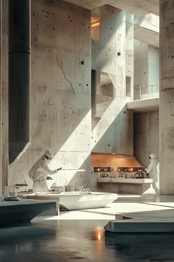 The image shows a minimalist, concrete-filled laboratory, flooded with sunlight streaming through large windows. The stark white walls and floors are punctuated by two figures, both wearing protective suits, working diligently on a laboratory bench. Their actions suggest a sense of scientific investigation in the space. The image evokes a sense of sterile calmness and a focus on precision. The large windows and the bright light create a feeling of openness, despite the cold and stark environment.