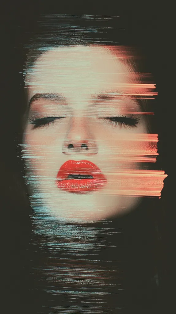 The image shows a close-up of a woman's face. Her eyes are closed and her lips are painted a vibrant red. The image is heavily distorted with horizontal lines of color, creating a digital glitch effect. The dark background and blurred lines emphasize the woman's mysterious and enigmatic beauty. The overall aesthetic is dark, edgy, and visually striking.