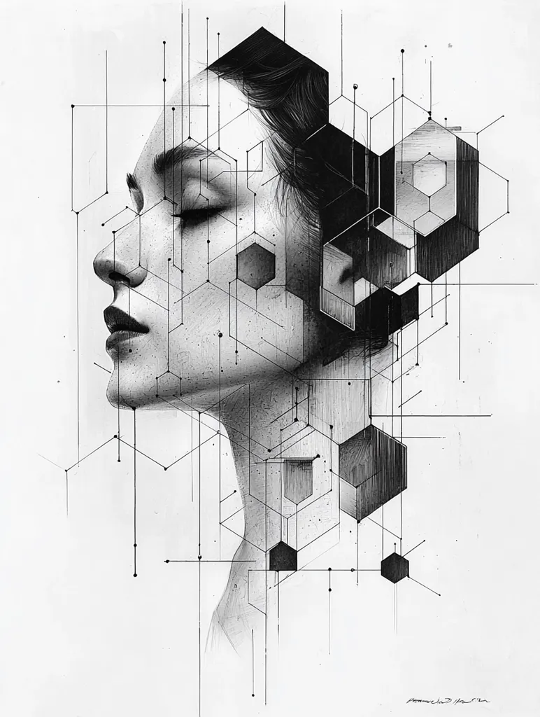 The image is a black and white pencil drawing of a woman's face. Her eyes are closed, and her head is tilted to the side. She is surrounded by a complex geometric pattern of intersecting lines and hexagons. The drawing has a minimalist and abstract style. The image is likely a depiction of the connection between human and technology or the duality of human nature. The artist has used the geometric pattern to represent the internal workings of the mind or the digital world that surrounds us. The woman's face is a reminder of the human element in this complex and ever-evolving world.