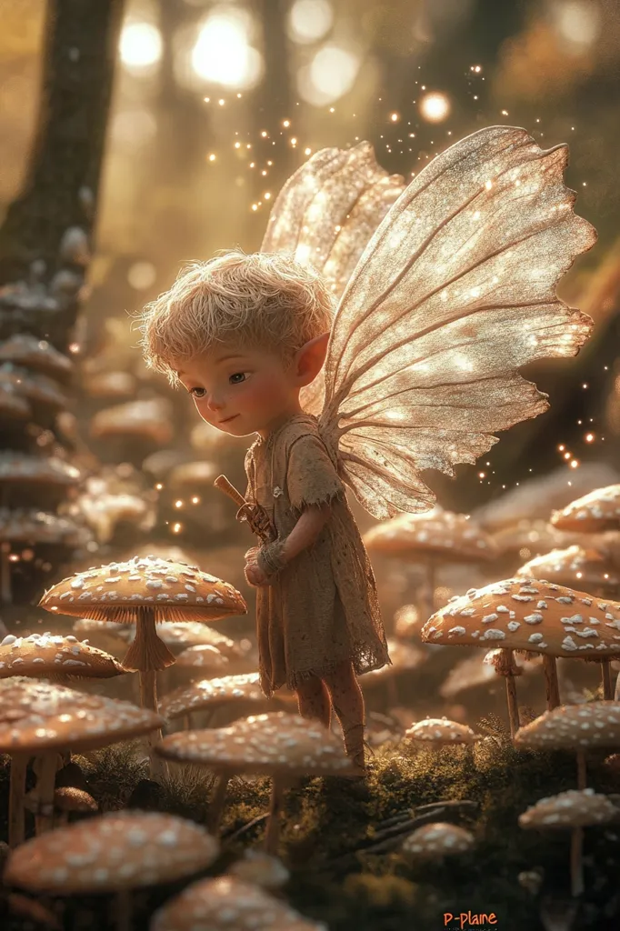 A small, delicate fairy with translucent wings stands amongst a field of mushrooms, her face tilted downwards. The fairy is adorned in a simple, earthy-toned dress.  The scene is bathed in a soft, golden light, creating a magical and whimsical atmosphere.  Tiny specks of light dance in the air, adding to the dreamlike quality of the image. The mushrooms are of various sizes, some with white dots on their caps, adding visual interest.