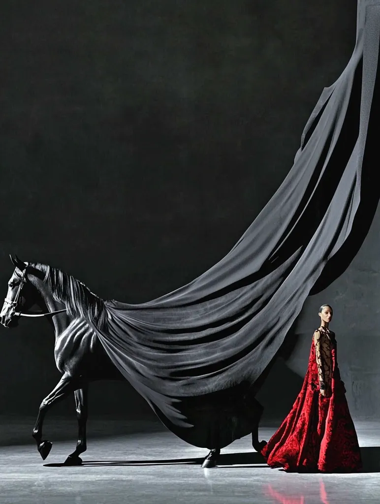 A black horse stands gracefully in a dark, minimalist studio, its flowing mane blending seamlessly with a long, black fabric that billows behind it. A woman in a vibrant red gown, adorned with intricate lace, stands confidently, her gaze directed towards the horizon. The dramatic contrast between the black and red creates a striking visual, suggesting a story of power, mystery, and allure.