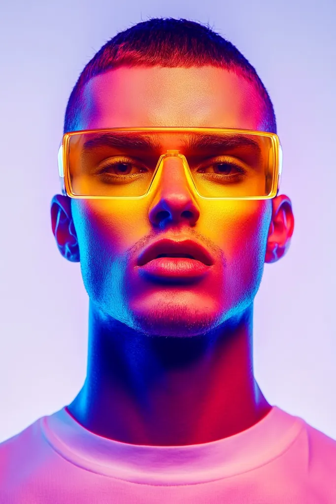 A young man with short dark hair is wearing bright yellow square-framed sunglasses and a white t-shirt. His face is illuminated in a bright red and blue neon light. His expression is serious and intense. The background is a soft purple.  The image is likely a portrait taken in a studio.
