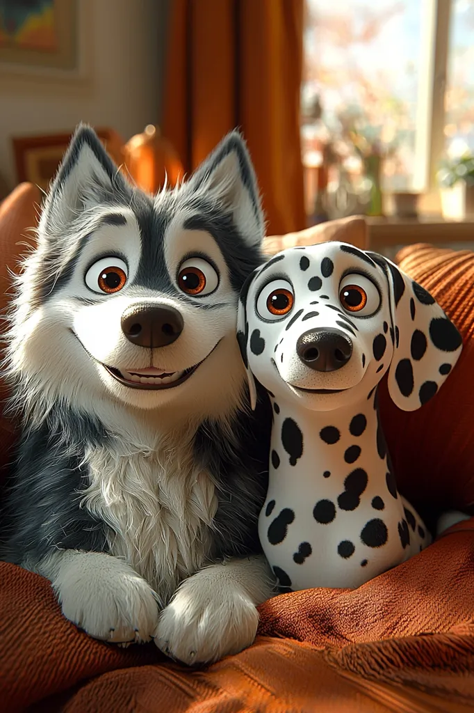A husky dog with thick fur and a dalmatian dog with black spots are lying together on an orange couch. They both have big brown eyes and are smiling. The husky is in the foreground and the dalmatian is in the background. The husky's paws are resting on the couch. The background is blurred and shows a window with light shining through it.  The image is in a cartoon style, giving the dogs a playful and charming look.  They seem to be enjoying each other's company.