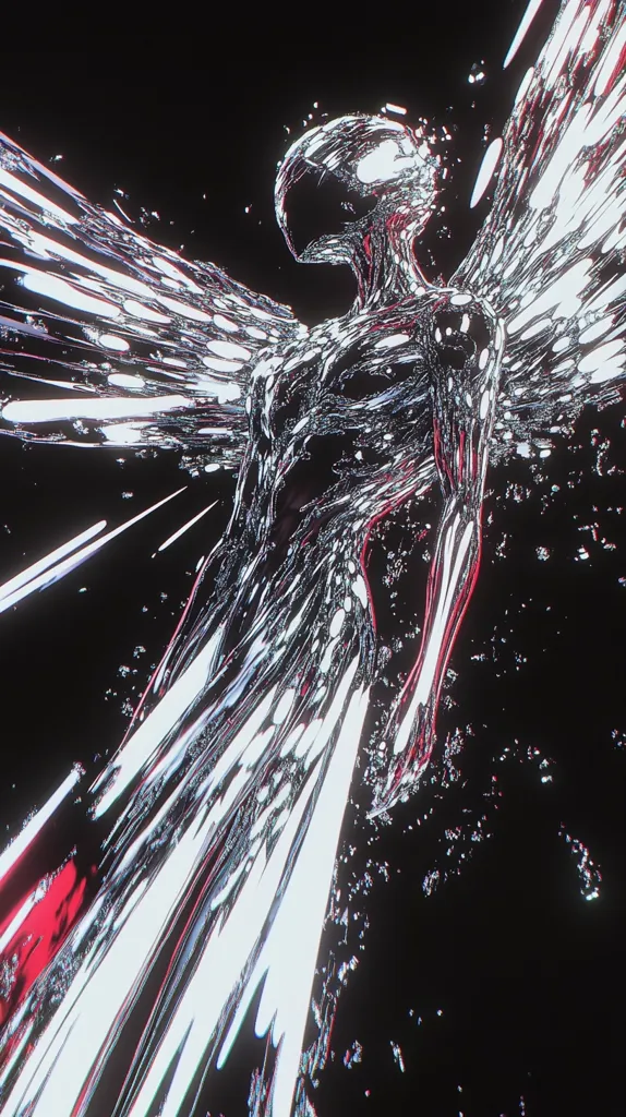 The image is an abstract digital painting of a creature with wings. The creature is made up of swirling lines of white and pink, with a dark background. The creature's body is elongated and slender, and its wings are large and flowing. The image gives the impression of movement and energy. The creature is a representation of an angel, a celestial being of light and power, and is rendered in a way that is both beautiful and unsettling.