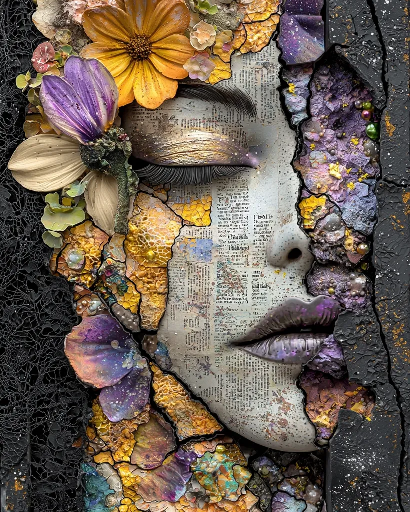 The image is a close-up of a woman's face, rendered in a highly textured, abstract style. The face is fragmented, with pieces of newspaper and flower petals filling the gaps. A large, yellow flower with a prominent, circular center is prominent in the upper left corner. The woman's eye is closed, with long lashes and gold accents. Her lips are painted a deep purple, adding a striking contrast to the overall image. The background is a stark black, creating a dramatic backdrop for the textured portrait. The artwork combines realism with abstract elements, suggesting a fragmented, layered perspective on the human form.