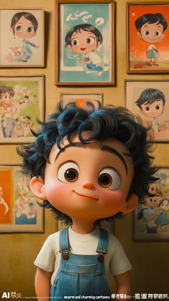 A close-up of a young boy with big brown eyes and curly dark hair, dressed in a white t-shirt and blue overalls, is framed by several framed cartoon drawings on a yellow wall. The boy has a sweet, innocent smile and his eyes are filled with wonder and curiosity. The cartoon drawings on the wall add a whimsical touch to the scene. The overall image is one of childhood innocence and joyful curiosity.