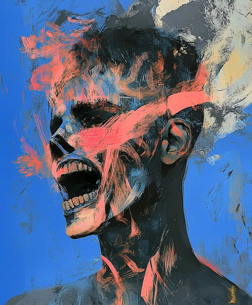 The painting depicts a close-up portrait of a person with a haunting expression. The figure's face is partially obscured by abstract strokes of pink and blue, creating a sense of mystery and unease. Their mouth is open in a silent scream, revealing rows of sharp teeth. The background is a vibrant blue, contrasting with the darker tones of the figure, further emphasizing the raw emotion of the piece. The artist's bold brushstrokes and vibrant colors create a powerful and visceral image that leaves a lasting impression.
