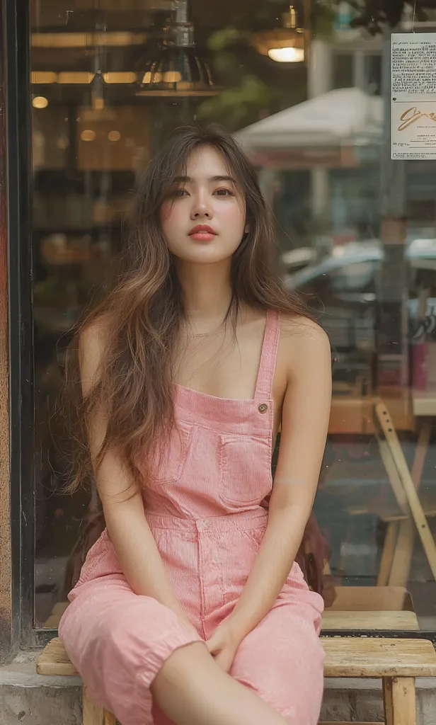 A young woman with long brown hair is sitting on a wooden bench outside a cafe. She is wearing a pink overall dress and looking directly at the camera. The cafe window behind her is reflecting the busy street scene. The overall image has a warm, vintage feel.