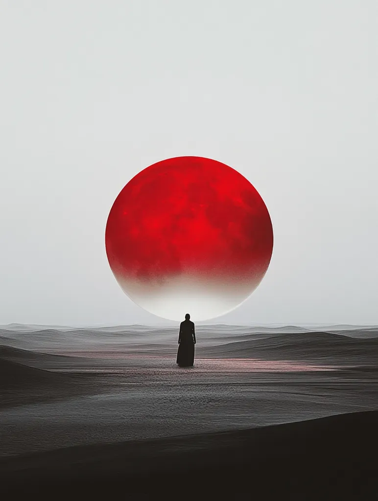 A solitary figure stands in a desolate, black and white landscape. A giant, red orb hangs in the sky above, casting an ethereal glow on the scene. The stark contrast between the vibrant red of the orb and the monochrome environment creates a sense of otherworldly isolation and mystery.