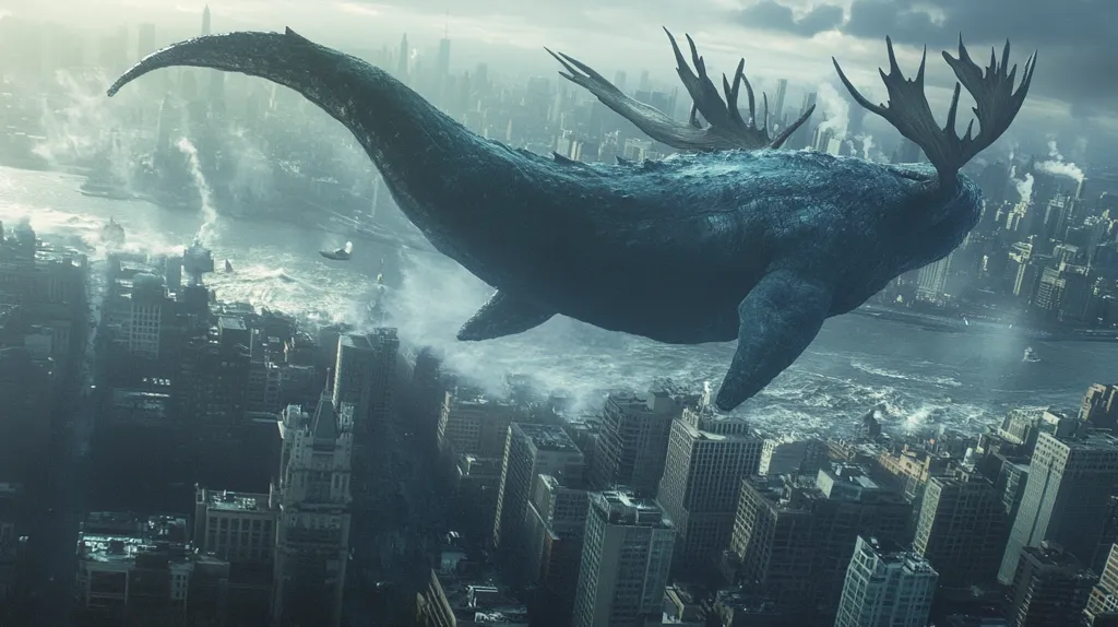 A massive, blue whale with large antlers, reminiscent of a moose, soars over a city skyline. Its body is partially submerged in the water below, creating waves and a sense of chaos. The city is shrouded in a misty, grey atmosphere, adding to the ominous and surreal nature of the scene. The image captures a moment of awe-inspiring power and the potential for immense destruction.