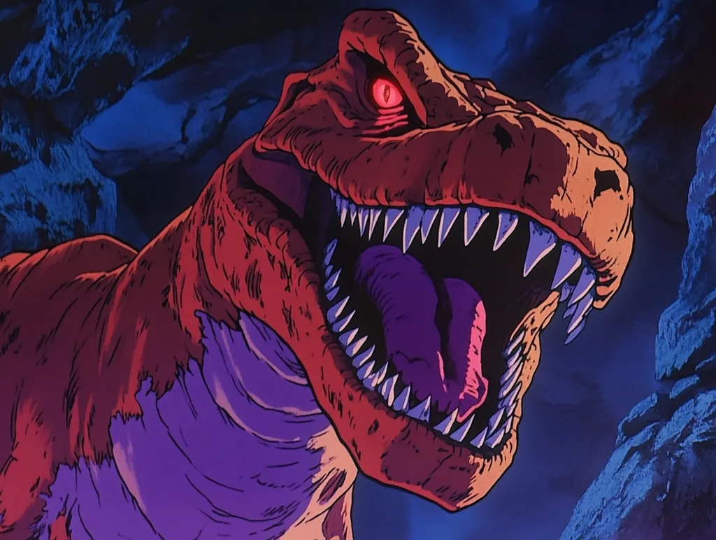 A menacing red dinosaur with sharp teeth and a glowing red eye is depicted in a dark, blue-toned environment. Its mouth is agape, revealing a purple tongue, and its scales have a rugged texture.  The image suggests a scene from an animated movie or video game, portraying a fierce predator with a menacing demeanor.