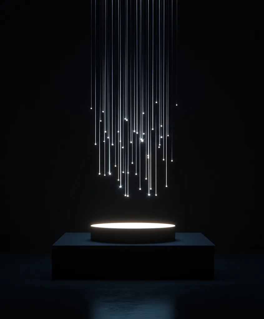 A dark room with a circular platform illuminated from above by a shower of white light strands. The strands are suspended from the ceiling and descend in a random pattern, casting a soft glow on the platform and creating a minimalist and futuristic aesthetic. The image evokes a sense of mystery and intrigue.