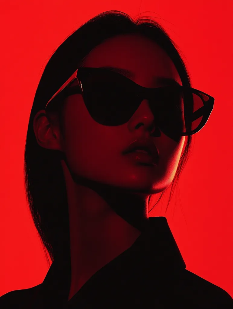 A woman with long black hair wears oversized sunglasses and looks off to the side. The image is shot in a red-toned studio. The woman's face is mostly obscured by the sunglasses, but her lips are visible and slightly parted. The lighting highlights her cheekbones and jawline.