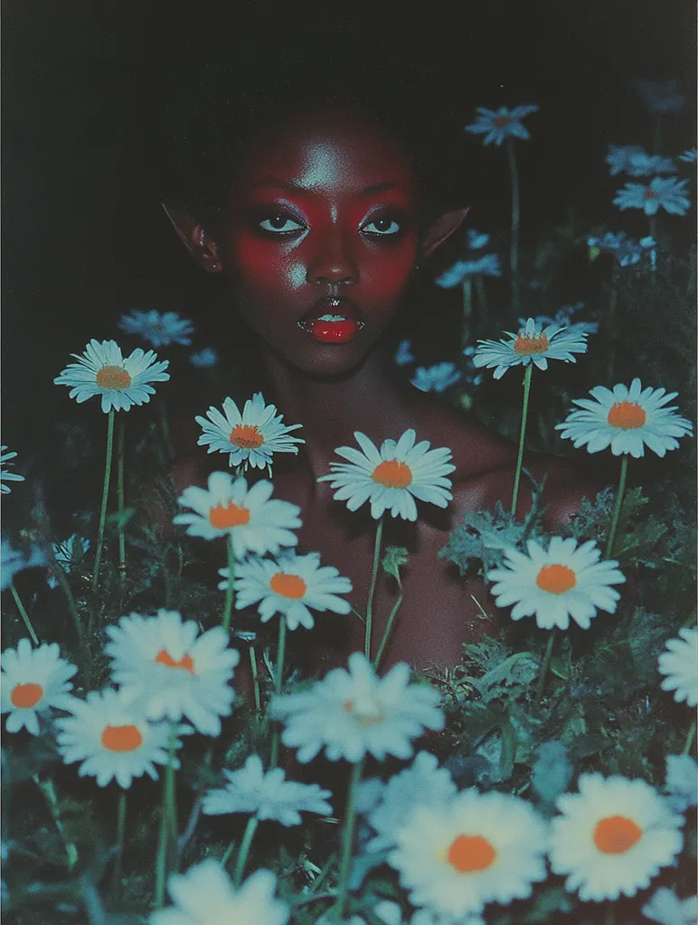 A young woman with dark skin and bright red eyeshadow is surrounded by a field of daisies. She looks directly at the camera, and her expression is a mix of curiosity and intensity. The flowers are in focus, while the background is blurred, creating a sense of depth and mystery. The overall mood is one of ethereal beauty and a touch of otherworldliness.