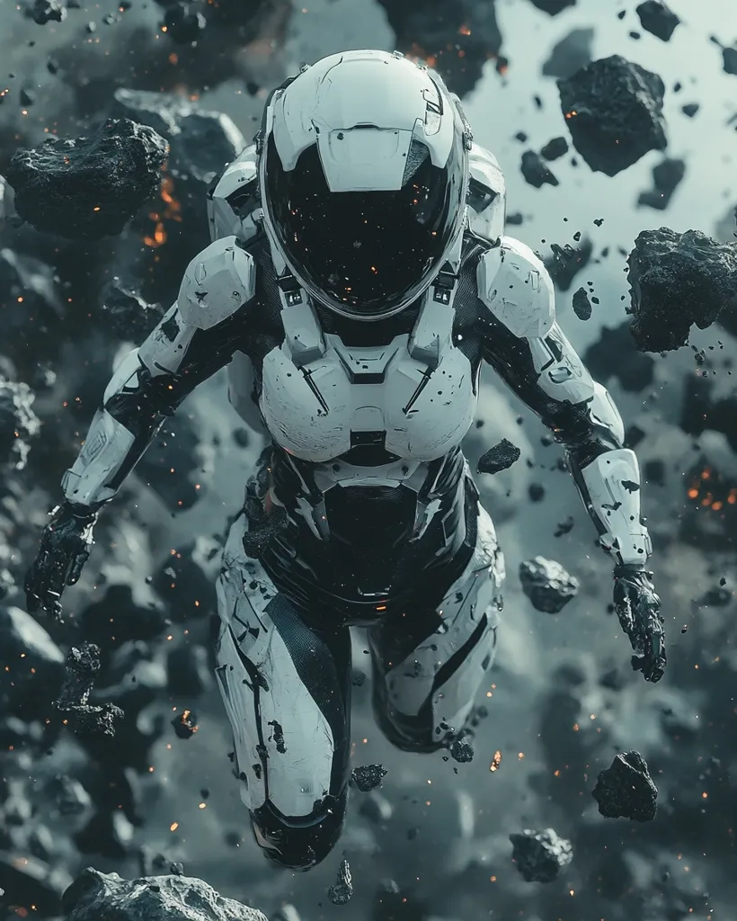 A lone astronaut in a white spacesuit hurtles through space, surrounded by a swirling cloud of debris. The astronaut's visor reflects the chaos around them, and their body is tense with the exertion of movement. The image evokes a sense of danger and isolation, suggesting a perilous journey through the vast expanse of space.