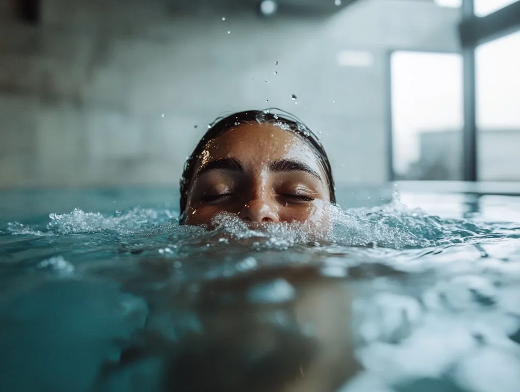 The image shows a person submerged in a pool of water, with only their face visible. They are looking up at the surface of the water, their eyes closed and their expression relaxed. The water is rippling around them, creating a sense of tranquility.  The background is a blurry image of a tiled wall. The overall feeling of the image is one of peacefulness and serenity.