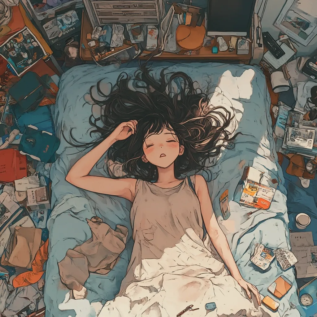 The image depicts a young woman with long black hair lying asleep on a bed. Her eyes are closed, and her face is relaxed. The bed is surrounded by a messy collection of objects, including books, papers, and other personal items. The woman is wearing a light-colored sleeveless top and a white blanket. The overall mood of the image is one of peace and tranquility. The soft colors and the woman's relaxed posture convey a sense of calmness.