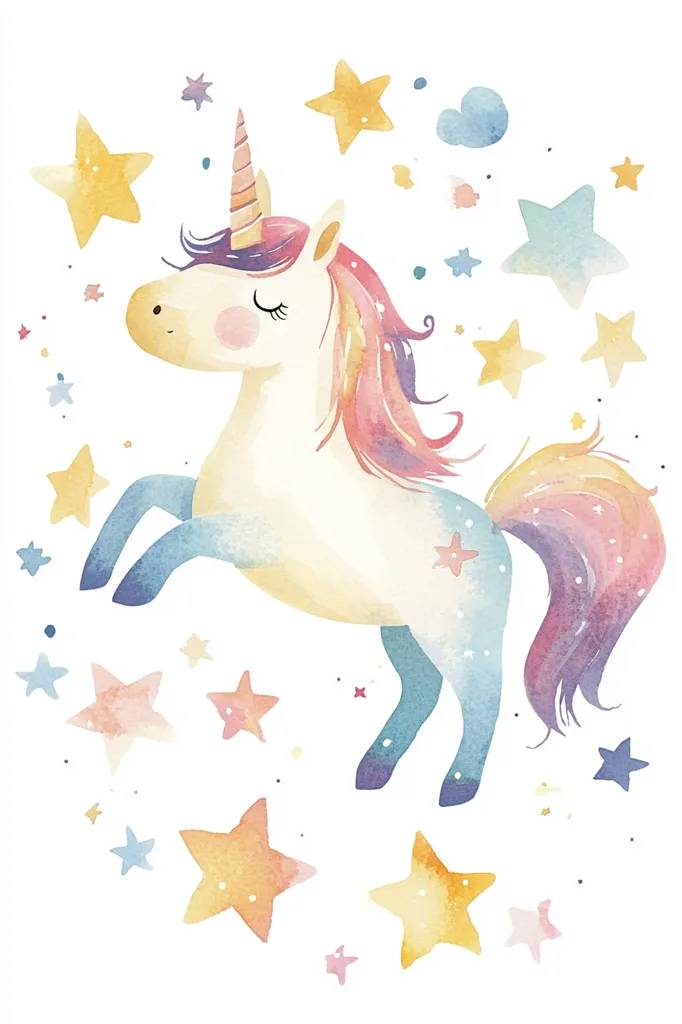 A watercolor illustration of a white unicorn with a rainbow mane and tail. It is depicted against a white background with a scattering of watercolor stars. The unicorn has closed eyes and a sweet expression. It is depicted in a playful stance with its legs raised slightly off the ground.  The illustration is done in a whimsical and child-like style.