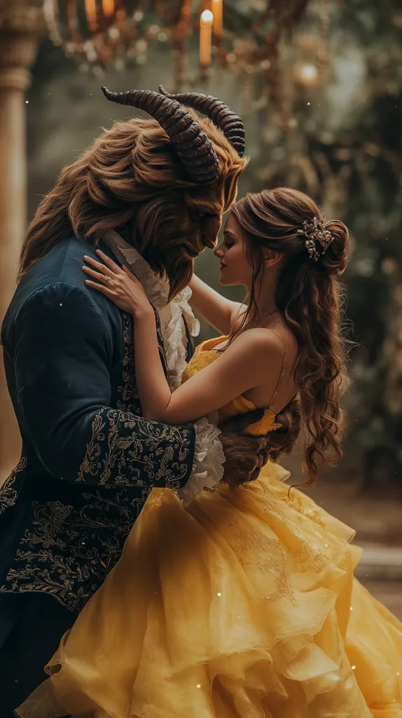 The image portrays a romantic scene from the classic fairy tale Beauty and the Beast. A man, transformed into a beast, with fur and horns, holds a beautiful woman in a flowing yellow gown. They are gazing into each other's eyes with tenderness and love.  The woman's hand rests gently on the beast's arm, while he holds her waist with a gentle touch. The background, blurred and warm, creates a magical and intimate atmosphere.