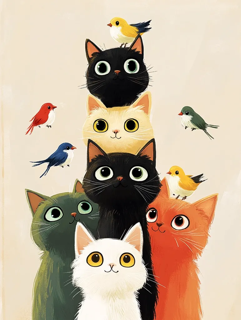 A whimsical illustration depicts six cats stacked on top of each other, with a small bird perched on the head of each cat. The cats have large, expressive eyes and a playful demeanor, while the birds add a touch of whimsy to the scene.  A light beige background provides a simple backdrop for the colorful cats and birds. The artwork evokes a sense of fun and playful energy.