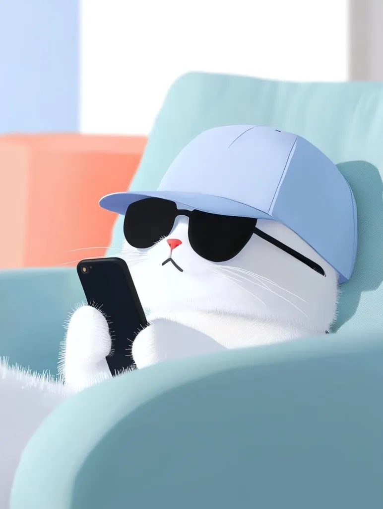 A white cat with a blue baseball cap and sunglasses is sitting in a blue chair and looking at a black smartphone. The cat has a serious expression on its face and is wearing a light blue hat. The background is a light blue wall. The scene is playful and lighthearted.