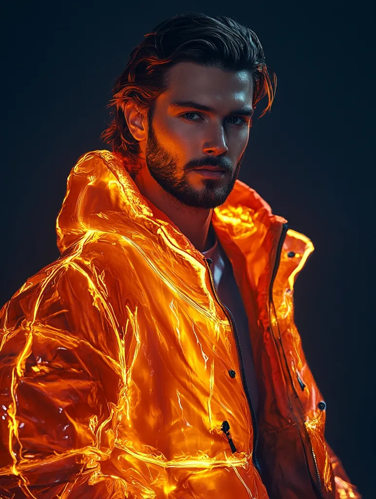 A man with dark hair and a beard is wearing a bright orange, transparent jacket. The jacket is illuminated from within, creating a fiery glow effect. The man's face is serious and he is looking directly at the camera. The background is a dark blue, which contrasts with the bright orange of the jacket.