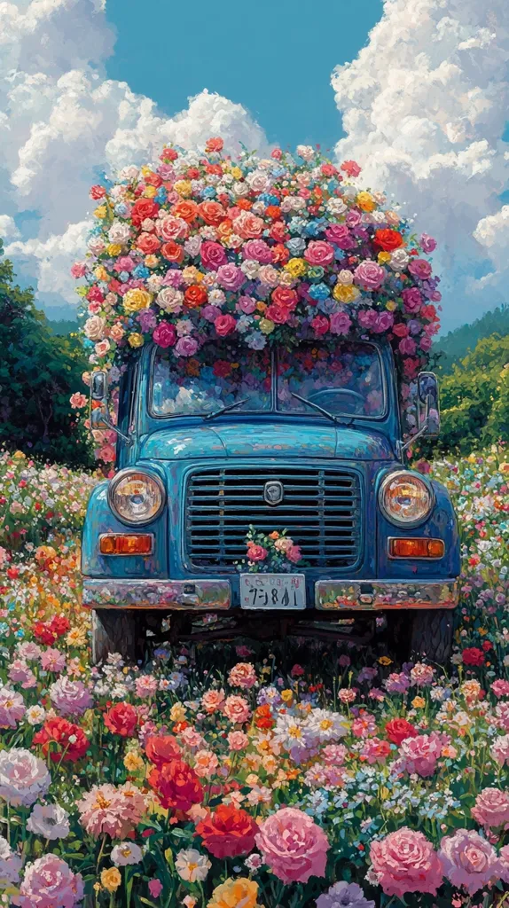 A vintage blue truck is parked in a field of vibrant wildflowers, its roof and hood completely covered in a breathtaking display of colorful flowers. The sky above is a clear blue, dotted with fluffy white clouds, creating a dreamy and idyllic scene. The image captures the beauty of nature and the joy of a simple summer day.