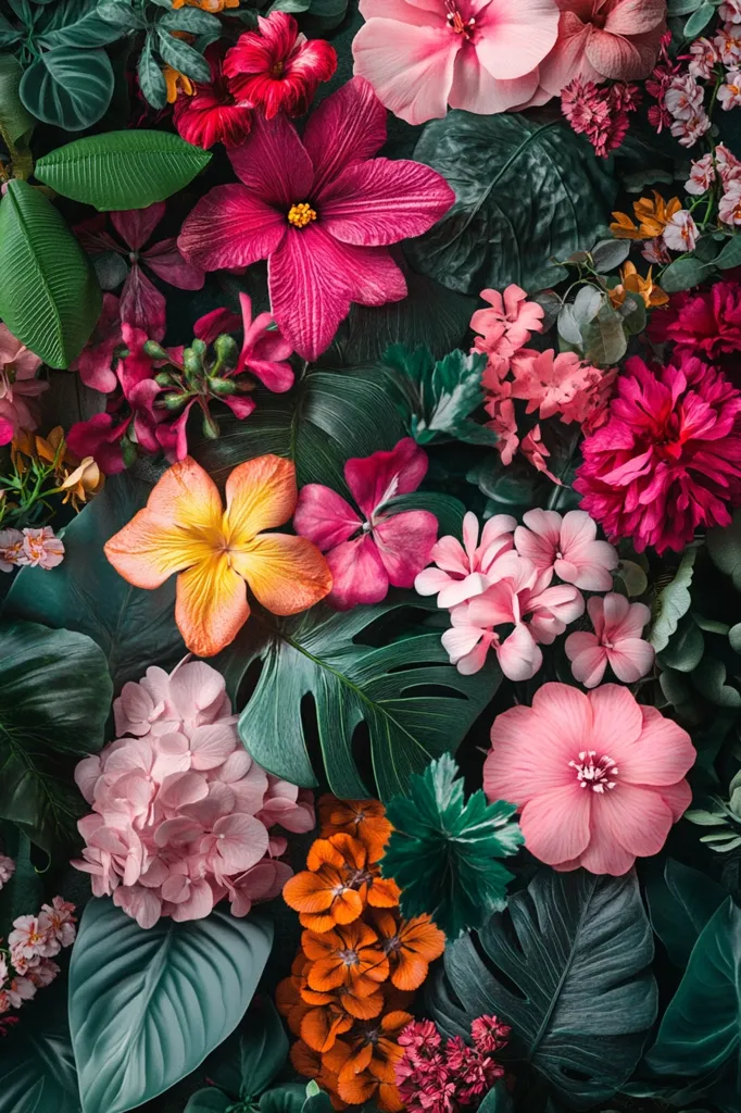 The image showcases a vibrant and colorful tropical floral arrangement. A mix of pink, red, orange, and yellow flowers, including hibiscus, hydrangea, and geraniums, are interspersed with lush green foliage. The arrangement creates a sense of tropical beauty and abundance, with the vibrant colors and textures of the flowers standing out against the deep green leaves.