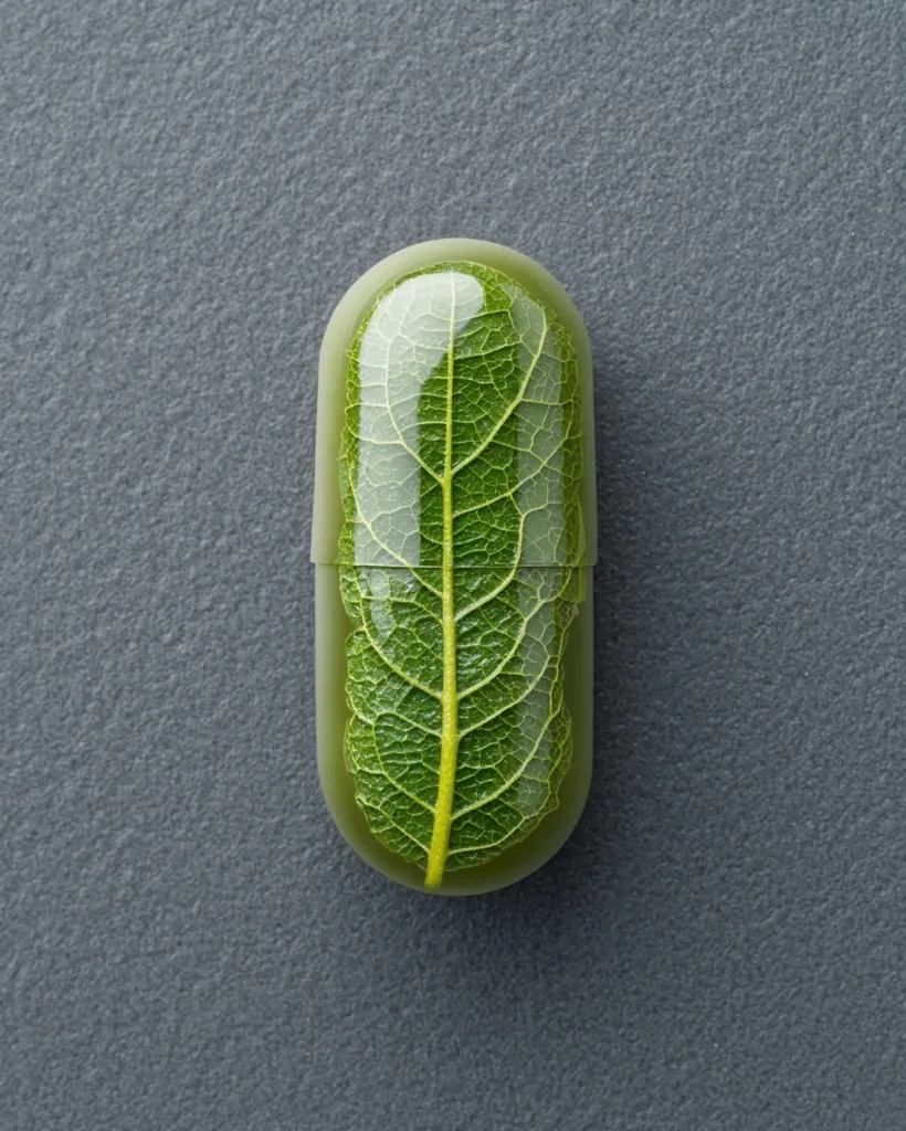 A single green pill, shaped like a capsule, sits on a gray surface.  The pill is filled with a green leaf, its veins clearly visible.  The image suggests natural ingredients or a focus on natural health.  The simplicity of the image and the clear focus on the pill make it visually impactful.