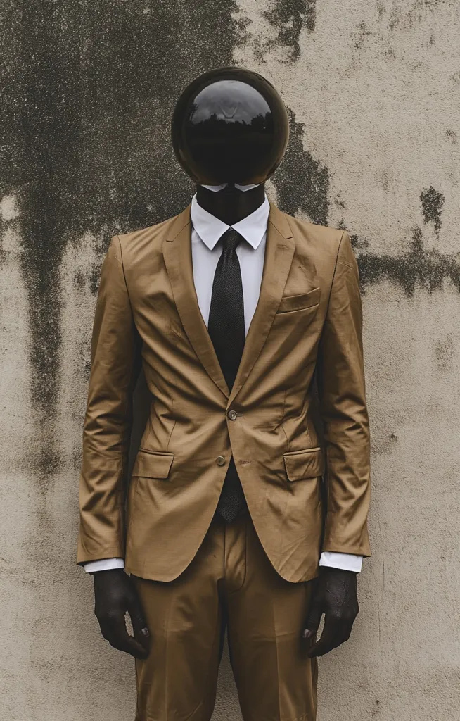 A person in a brown suit and white shirt is standing in front of a textured wall. They are wearing a black tie and a large black sphere over their head that obscures their face. The person's arms are partially obscured by the sphere and they are wearing black gloves. The photo has a mysterious and somewhat unsettling feel.