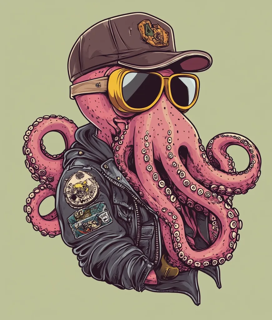 A pink octopus is depicted wearing a black leather jacket, sunglasses, and a brown baseball cap. The octopus has a tough, rebellious look, with patches on its jacket and a determined expression. The tentacles curl around its body, suggesting a dynamic and energetic character. The background is a simple, light green color, which highlights the colorful details of the octopus.
