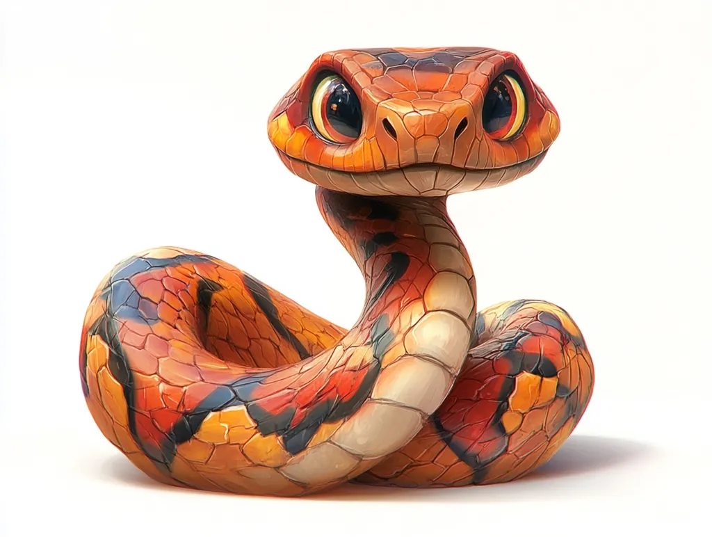 The image is a close-up of a cartoon snake with large, black eyes and a bright orange and black patterned body. The snake is coiled up with its head raised and looking directly at the viewer. The background is a simple white, highlighting the snake's vibrant colors and cartoonish features. The image captures the snake's playful and curious personality.