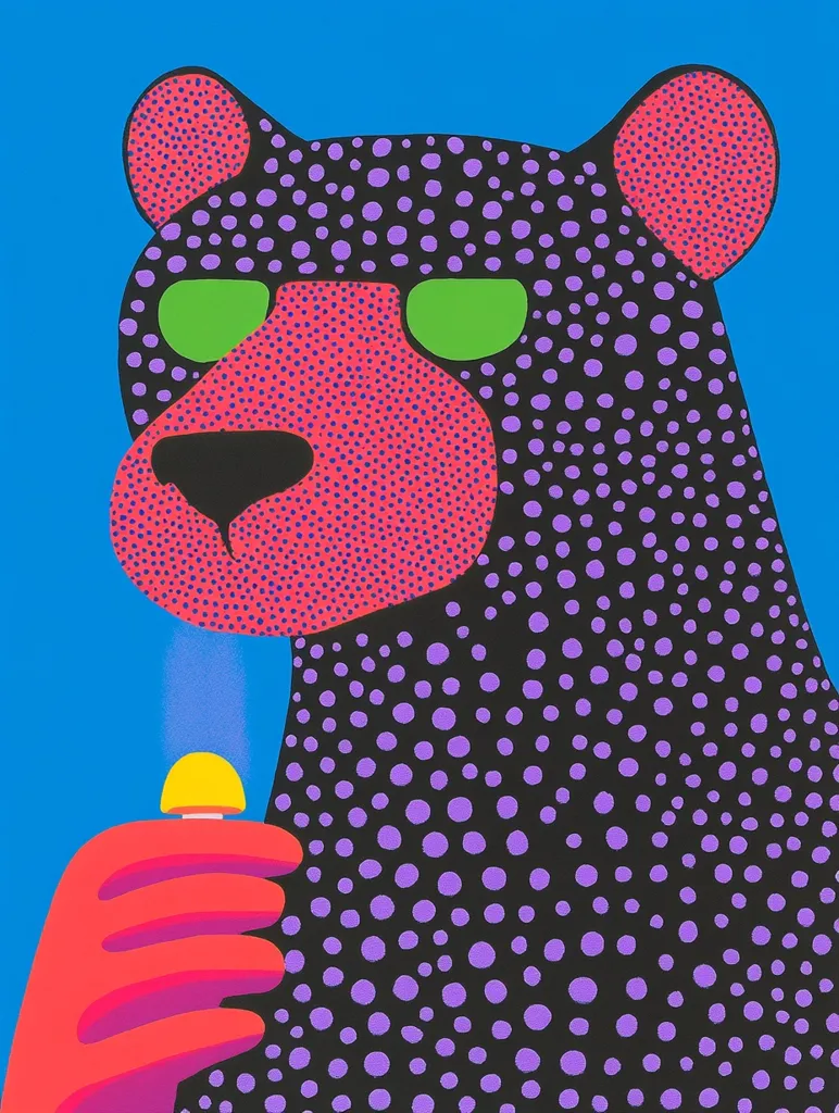The image depicts a stylized black bear with pink ears and a pink face covered in small red dots. It has green eyes and is holding a yellow lighter in its bright red hand. The bear is against a bright blue background, and its body is covered in black dots and purple dots. The overall effect is playful and whimsical.
