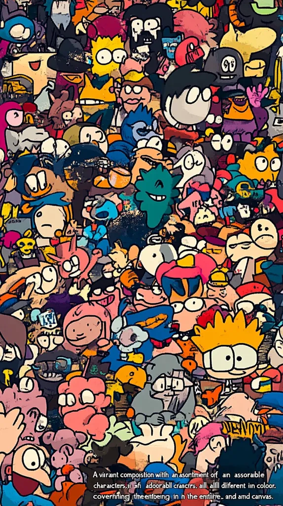 A vibrant composition with an assortment of fun, assortable characters, all of adorable craniums. All are different in color, covering the entire being in the entire area and canvas.
