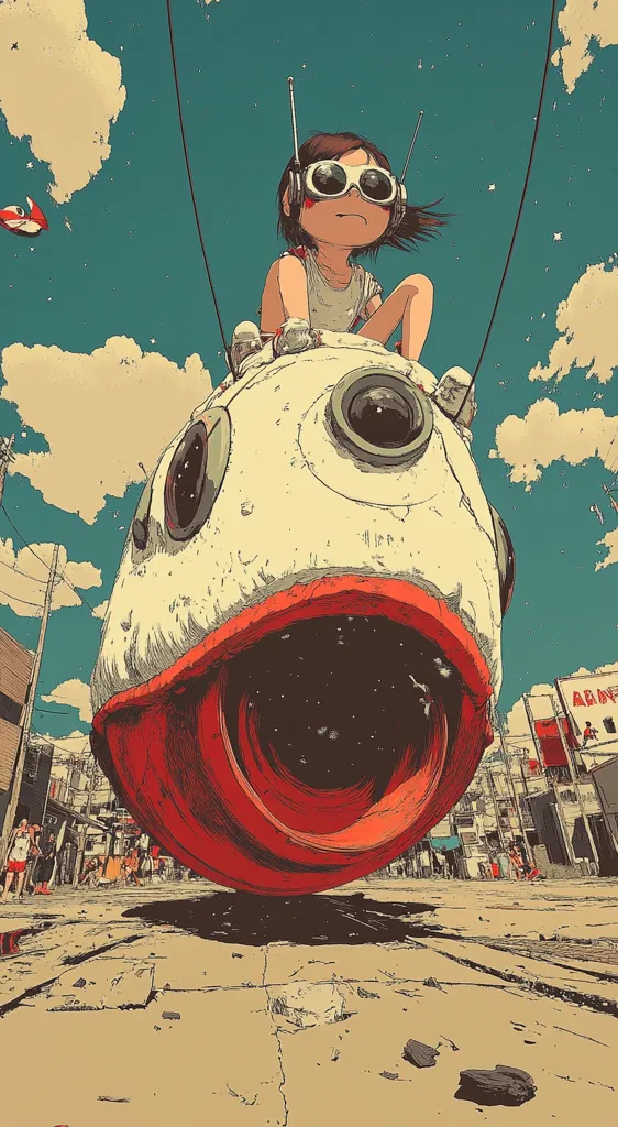 A young girl with goggles and short brown hair sits atop a large, round, red and white vehicle with a dark, star-filled cavity. The vehicle appears to be suspended in mid-air, with a bright, blue sky and puffy white clouds above. The girl is looking forward with a neutral expression, while the vehicle appears to be moving forward.  The scene is stylized, with bold lines and colors. In the background, a cityscape of buildings and streets can be seen.