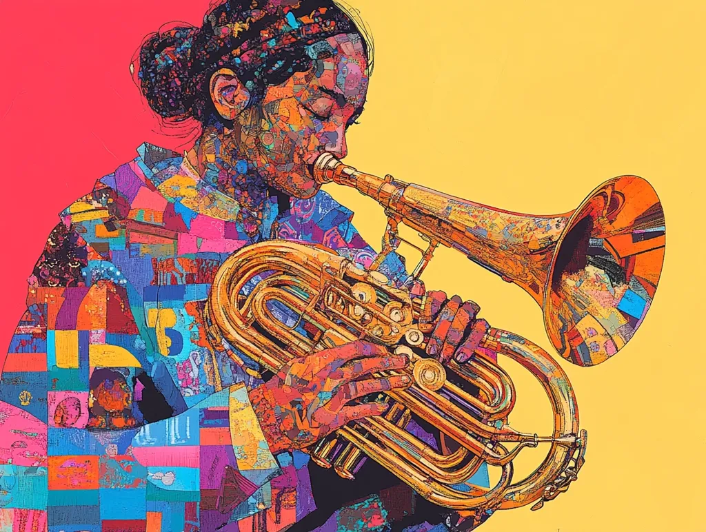 A person, with short, dark hair, is playing a golden French horn. Their body is a mosaic of colorful squares. The background is a bright yellow. The image appears to be a contemporary digital art piece. The horn is angled toward the right, with the bell facing the viewer. The person's head is tilted, focused on playing the instrument.