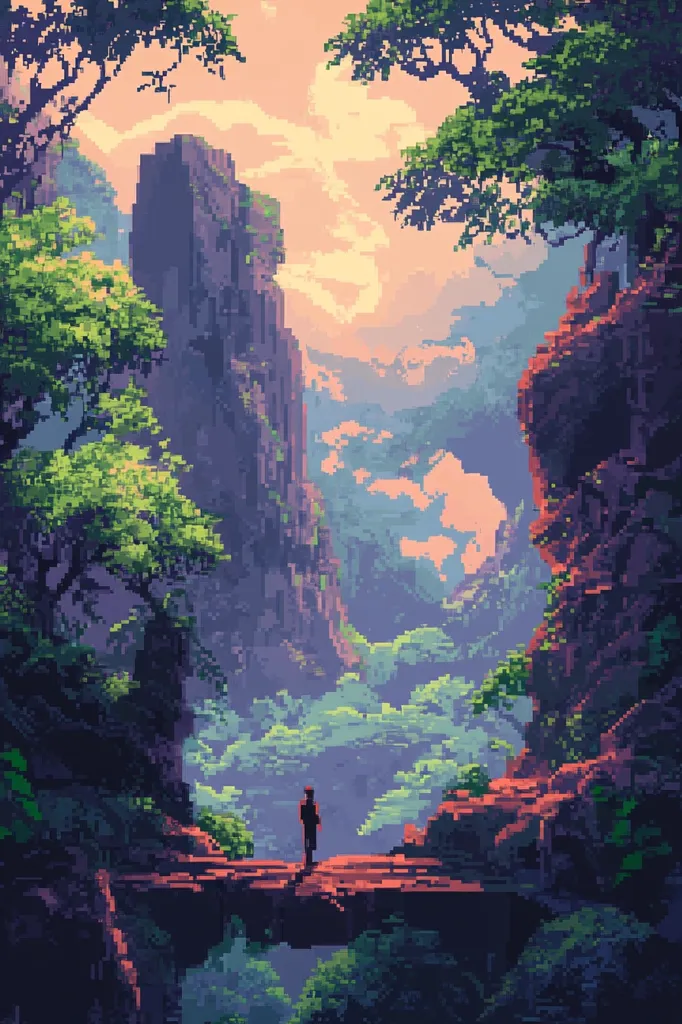 The image is a pixelated landscape with a single figure standing on a narrow bridge over a deep valley. Lush greenery and towering cliffs surround the bridge, creating a sense of isolation and mystery. The soft, pastel colors of the sky and clouds suggest a peaceful and serene atmosphere, while the pixelated style adds a retro and whimsical touch.