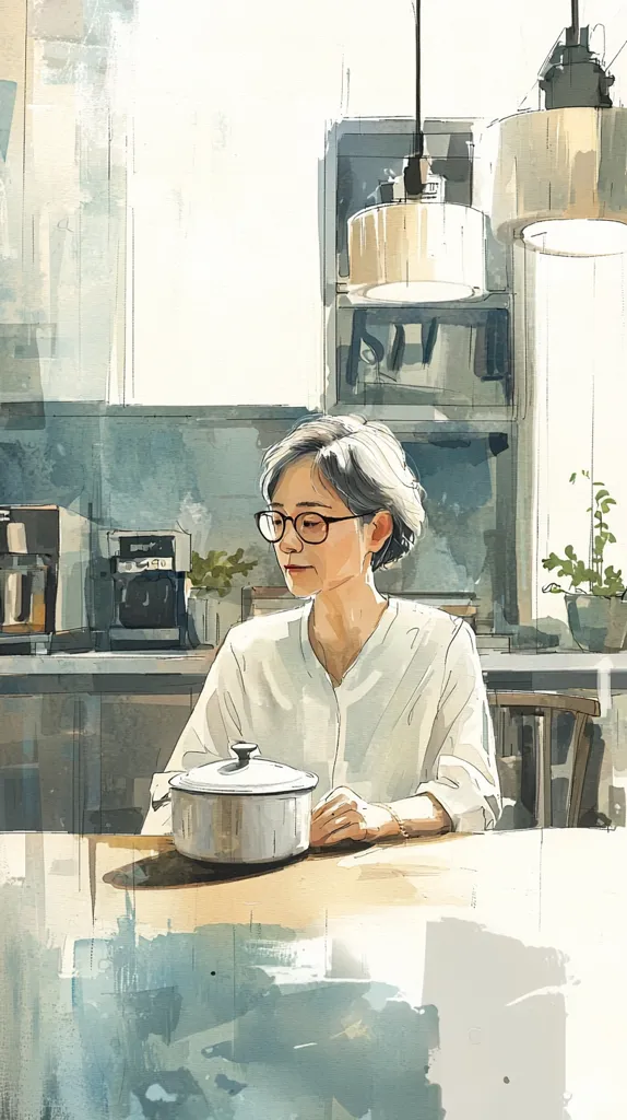 A woman with short grey hair, wearing glasses and a white shirt, sits at a wooden table in a kitchen. She has her hand resting on the table next to a pot with a lid. A coffee maker and a potted plant can be seen in the background. The scene is painted in a soft, watercolour style with muted tones. The lighting is soft and warm, creating a tranquil atmosphere.